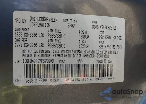 2007 Dodge Durango Slt из США, поврежденный, VIN 1D8HB48P37F576809